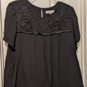 Loft black top, lace & fringe accent. Size 24